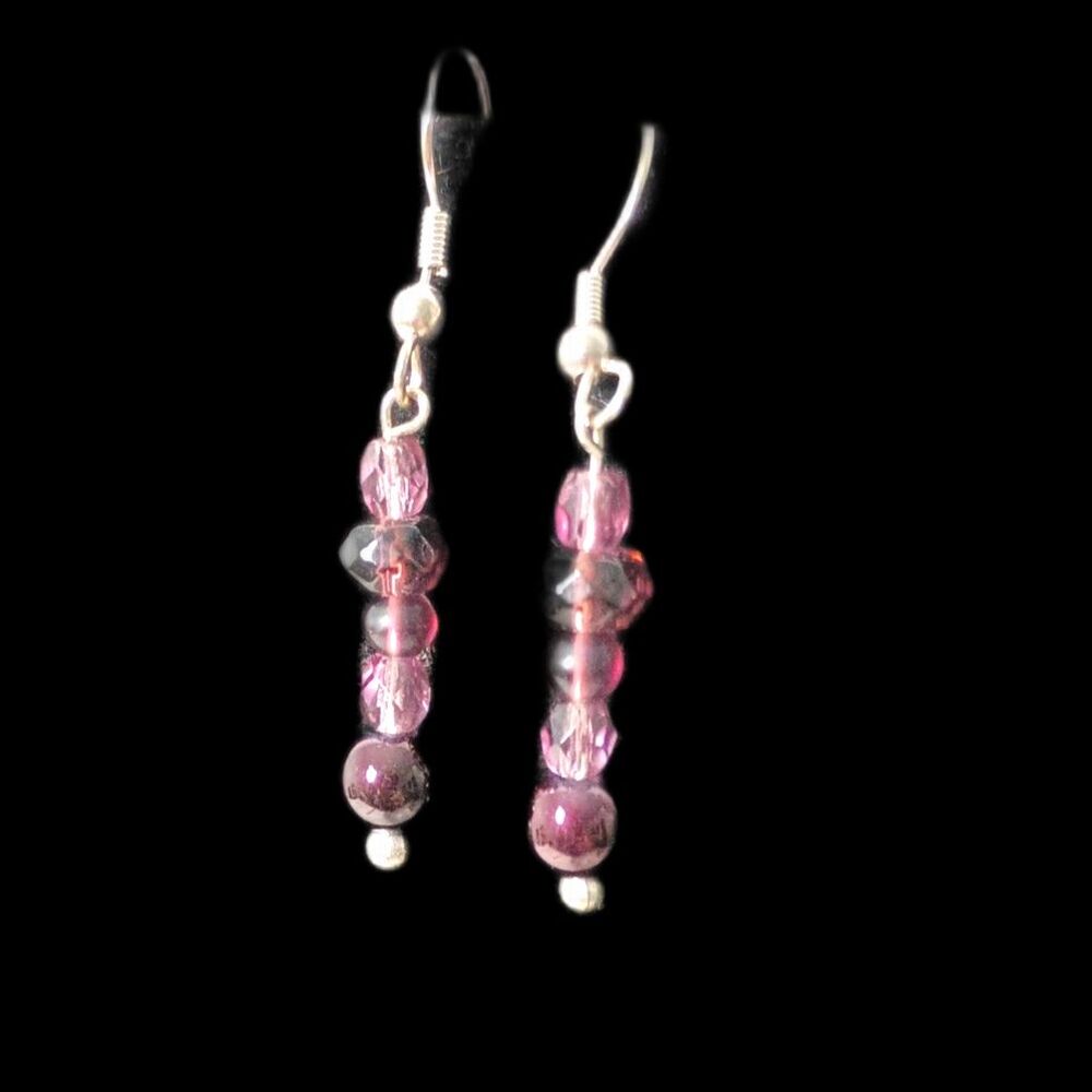 Pink Glass Crystal Beaded Drop Earrings Silver Wire Dangles Handmade